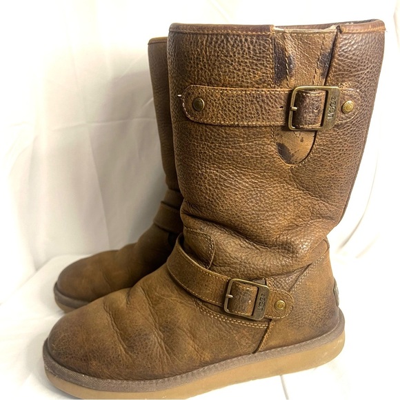 UGG Shoes - UGG Women's 8 Kensington Double Buckle Moto Boot Brown Leather Sherpa Lined